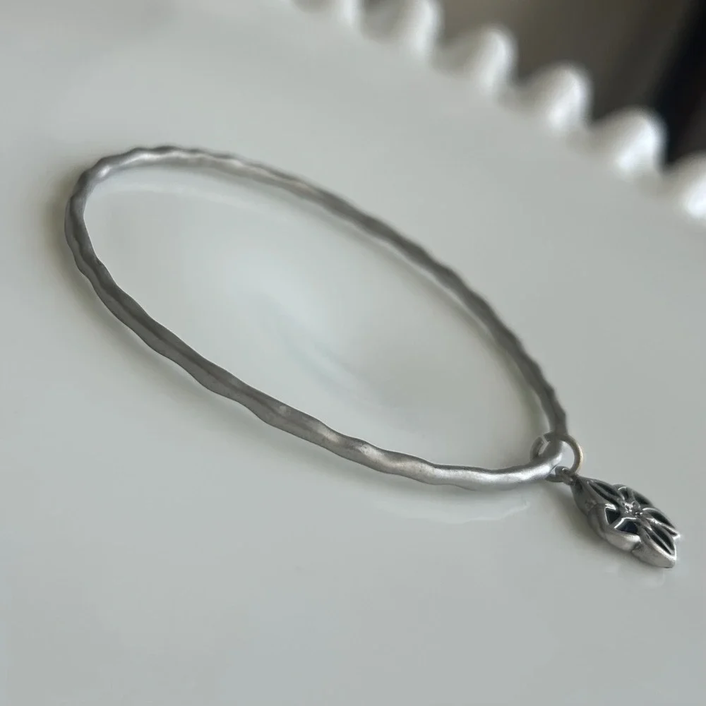 3pc Silver Tone Bangle Bracelet Set Butterfly Cross Flower Charms Textured